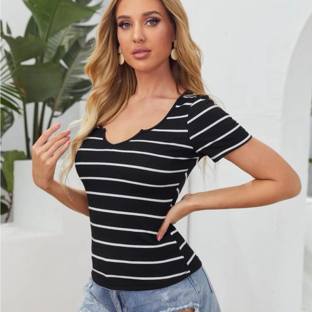 SHEIN Essnce Notched Neck Striped Top Preppy Nautical Size Large